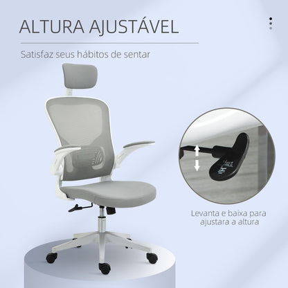 Vinsetto Cadeira de Escritório de Malha Ergonómica Cadeira de Escritório com Altura Ajustável Apoio para os Braços Dobrável Apoio para a Cabeça e Suporte Lombar Ajustáveis 65x64x114-122cm Cinza