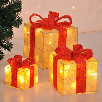 HI Caixa presente de natal com fitas vermelhas e luzes LED 3 pcs