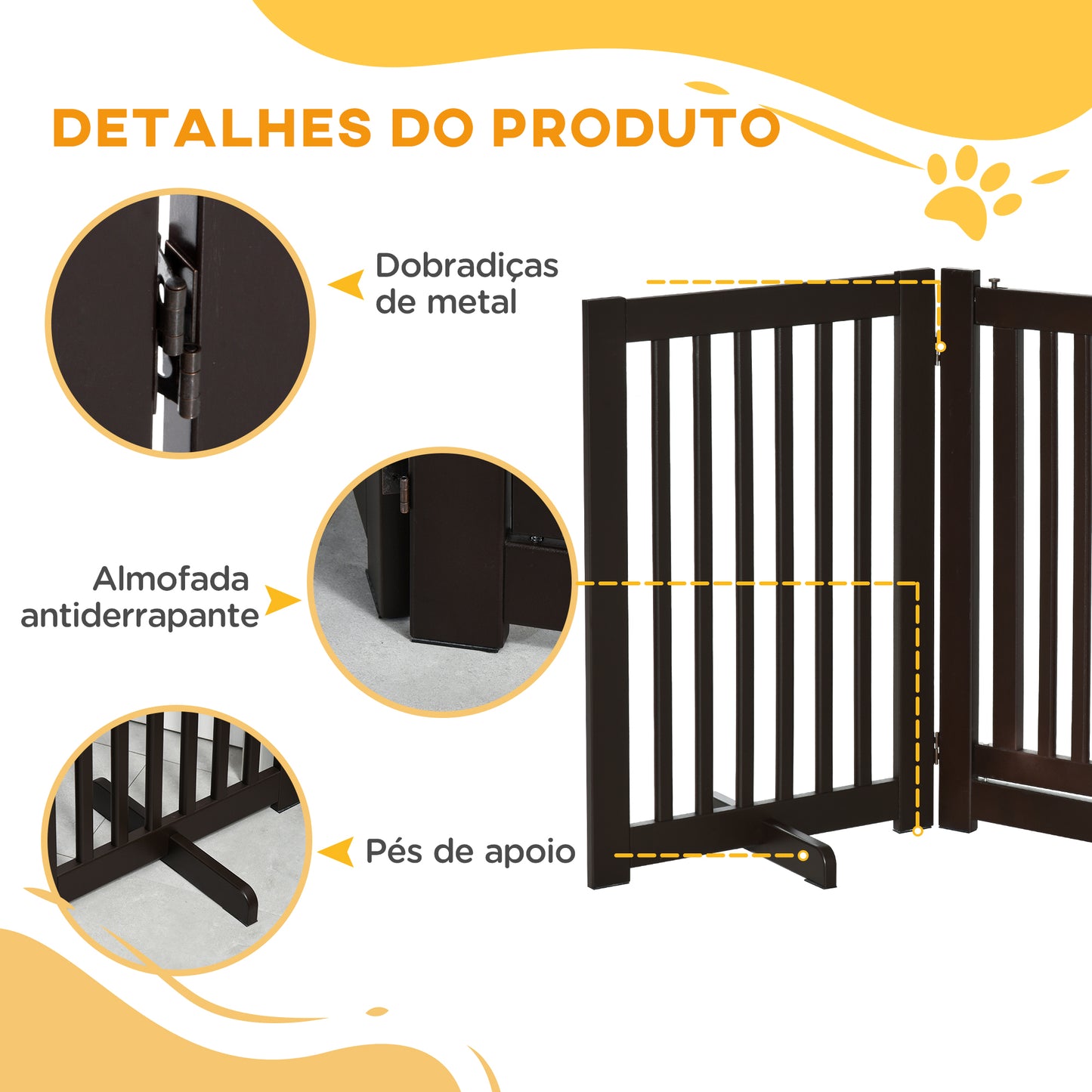 PawHut Barreira para Cães de Madeira Barreira para Animais de Estimação Dobrável de 3 Painéis com 1 Porta e Pés de Apoio para Corredor Escada 155x35,5x76 cm Marrom Escuro