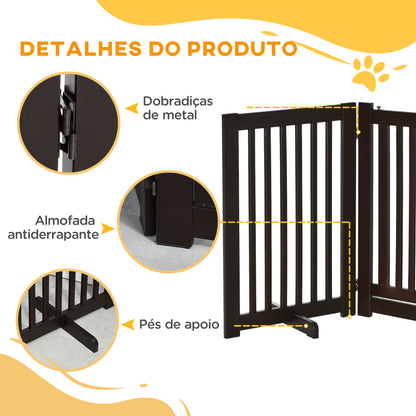 PawHut Barreira para Cães de Madeira Barreira para Animais de Estimação Dobrável de 3 Painéis com 1 Porta e Pés de Apoio para Corredor Escada 155x35,5x76 cm Marrom Escuro