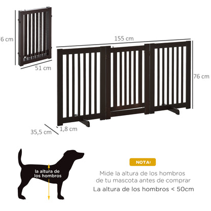 PawHut Barreira para Cães de Madeira Barreira para Animais de Estimação Dobrável de 3 Painéis com 1 Porta e Pés de Apoio para Corredor Escada 155x35,5x76 cm Marrom Escuro