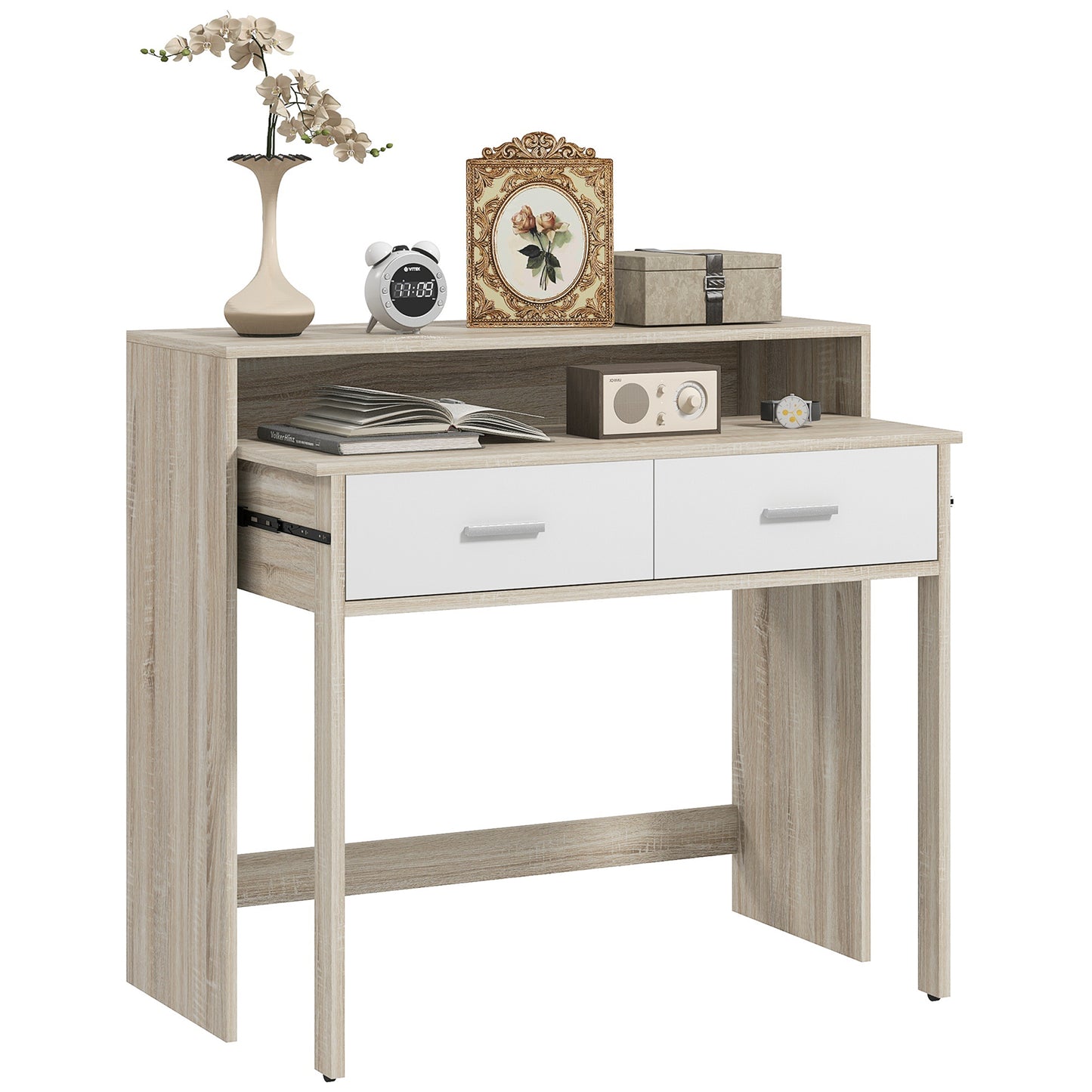 Mesa Consola Moderna de Entrada de 2 Níveis com Trilhos Deslizantes 2 Gavetas 2 Rodas Anti-Tombo Móvel de Entrada para Sala de Estar Corredor 95x35x87 cm Madeira e Branco