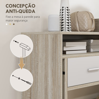 Mesa Consola Moderna de Entrada de 2 Níveis com Trilhos Deslizantes 2 Gavetas 2 Rodas Anti-Tombo Móvel de Entrada para Sala de Estar Corredor 95x35x87 cm Madeira e Branco