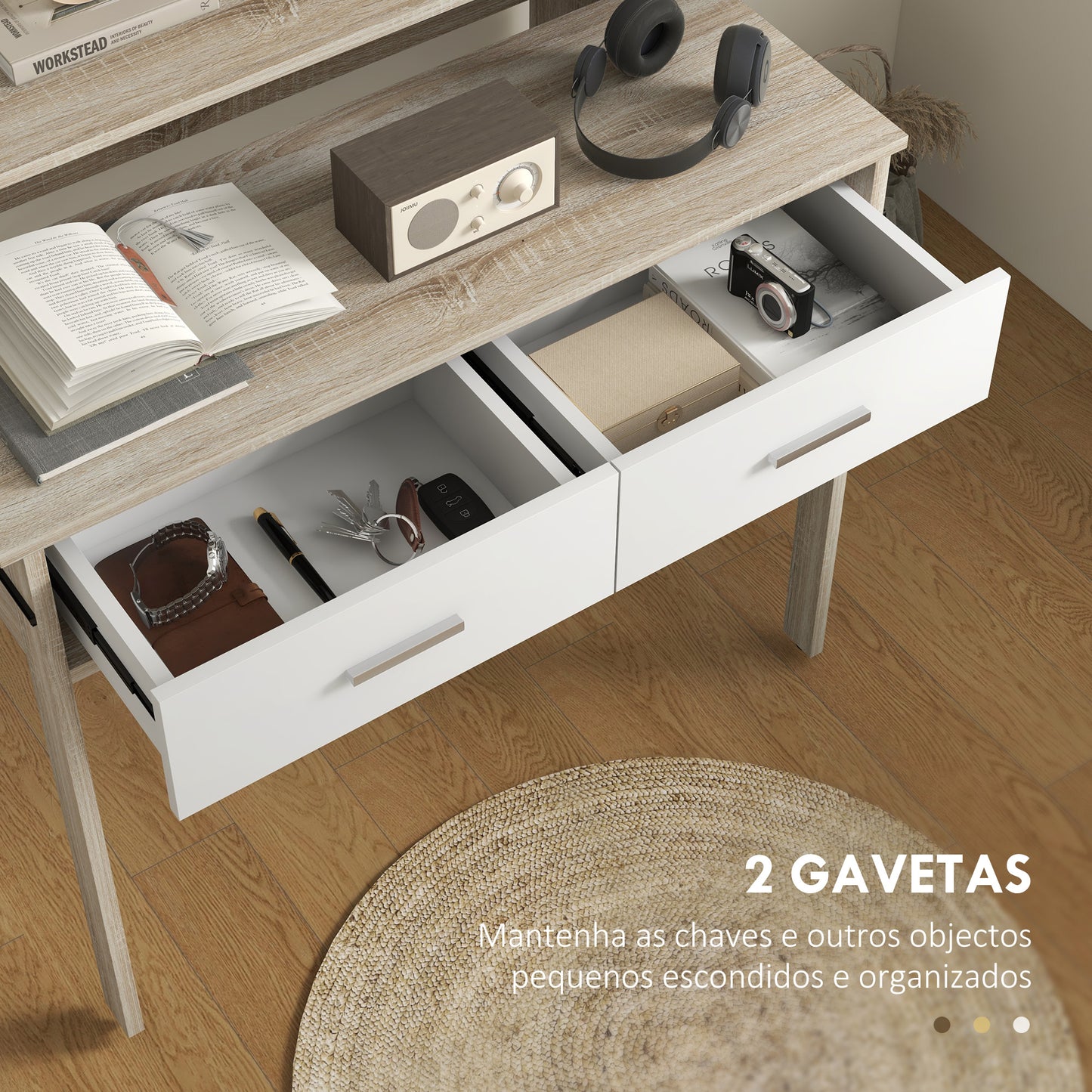 Mesa Consola Moderna de Entrada de 2 Níveis com Trilhos Deslizantes 2 Gavetas 2 Rodas Anti-Tombo Móvel de Entrada para Sala de Estar Corredor 95x35x87 cm Madeira e Branco