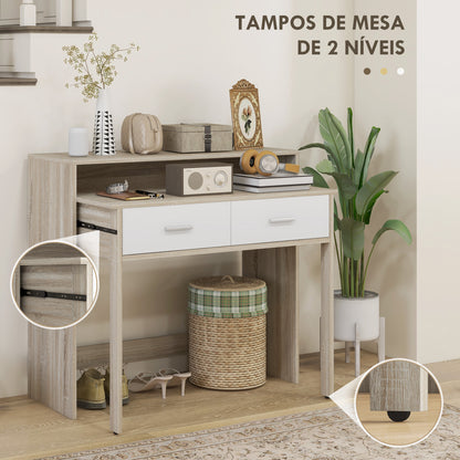 Mesa Consola Moderna de Entrada de 2 Níveis com Trilhos Deslizantes 2 Gavetas 2 Rodas Anti-Tombo Móvel de Entrada para Sala de Estar Corredor 95x35x87 cm Madeira e Branco