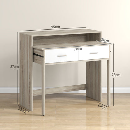 Mesa Consola Moderna de Entrada de 2 Níveis com Trilhos Deslizantes 2 Gavetas 2 Rodas Anti-Tombo Móvel de Entrada para Sala de Estar Corredor 95x35x87 cm Madeira e Branco