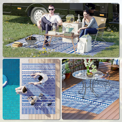 Outsunny Tapete de Exterior 182x274 cm Tapete Reversível Estilo Moderno para Varanda Pátio Campismo Praia Azul Escuro e Branco