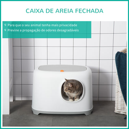 PawHut Caixa de Areia para Gatos Caixa de Areia Fechada para Gatos com Bandeja Teto Abatível Orifício de Entrada e Pá Incluída 55x40x39cm Branco