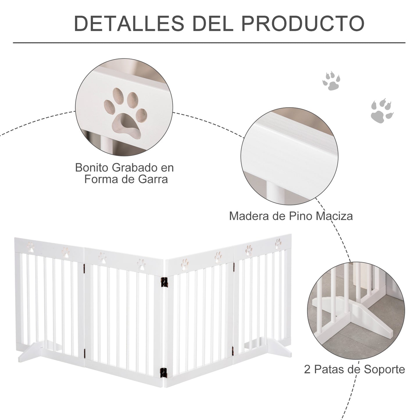 PawHut Barreira de Segurança Dobrável para Cães Grade de Proteção de 4 Painéis com Pés para Portas Escadas Corredor 204x30x61cm Branco