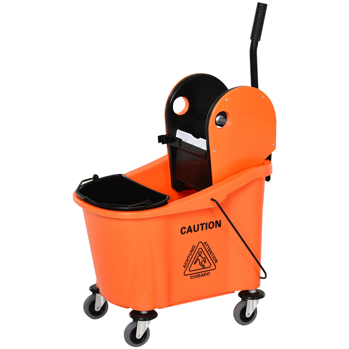 HOMCOM Balde de Esfregona Comercial Balde de Esfregona com Espremedor de Pressão para Baixo Capacidade 36L com 4 Rodas Silenciosas 2 Cubetas Separadas 54x41x91,5 cm Laranja