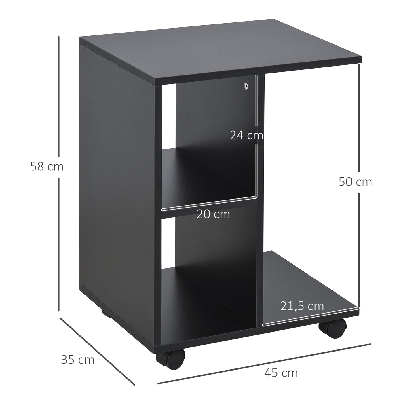 HOMCOM Mesa Auxiliar Moderna Mesa Auxiliar em Forma de C com Rodas e Prateleiras Abertas para Sala de Estar Dormitório 45x35x58 cm Preto