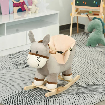 Baloiço Infantil em Forma de Burro de Pelúcia para Bebés 18-36 Meses com Som Cinto de Segurança Guidão Apoio para os Pés 61x34x58 cm Cinza