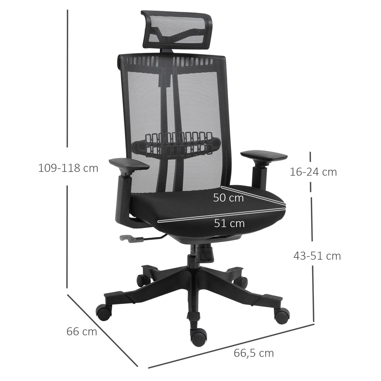 Vinsetto Cadeira de Escritório Ergonômica Cadeira de Escritório Giratória e Reclinável com Altura Ajustável Apoio para os Braços Apoio para a Cabeça e Suporte Lombar Regulável 66,5x66x109-118cm Preto