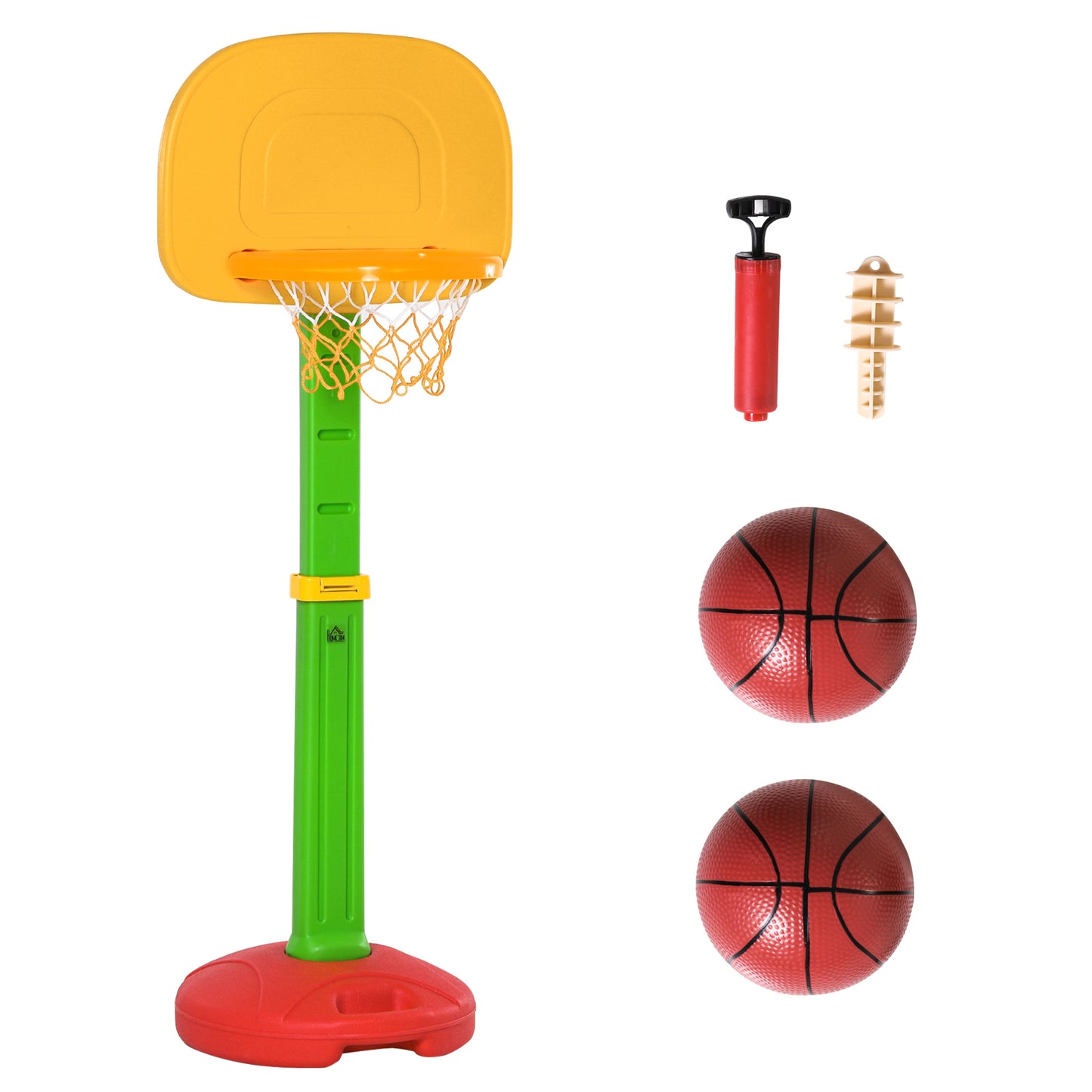 HOMCOM Tabela de Basquetebol Infantil para Crianças acima de 3 anos Altura Ajustável 2 Bolas e Inflador 52,5x44x120-160cm Amarelo Verde Vermelho