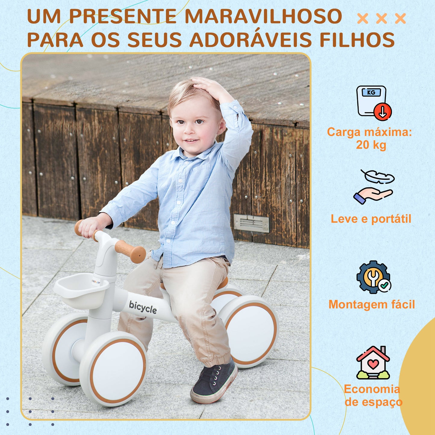 AIYAPLAY Bicicleta sem Pedais para Crianças de 12-36 Meses Bicicleta de Equilíbrio com Assento Ajustável Cesta e 4 Rodas Silenciosas Carga 20 kg 56x27x39 cm Marrom