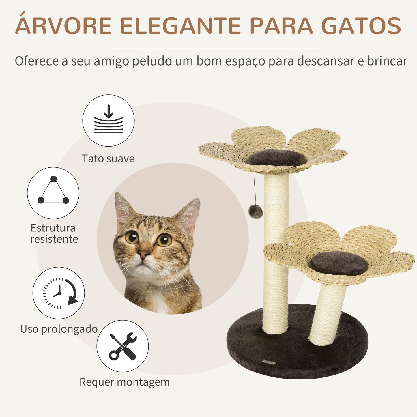 PawHut Árvore Arranhador para Gatos Médios Altura 69cm Torre para Gatos com Cama com Forma de Flor Poste de Sisal e Bola Suspensa para Brincar 50x50x69cm Marrom e Creme