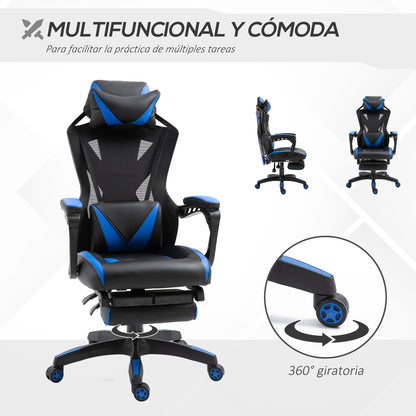 Vinsetto Cadeira Gaming Ergonómica Cadeira Gaming para Escritório com Altura Ajustável Encosto Regulável Almofada Lombar Apoio para os Pés Retráteis 65x70x117-125cm Azul