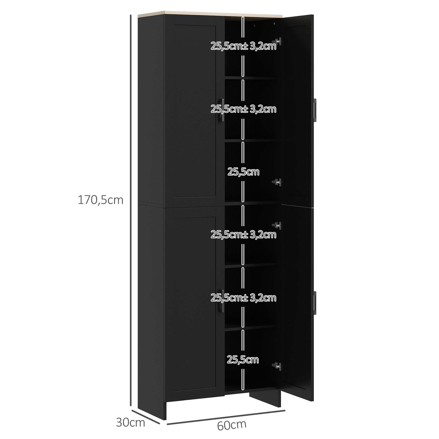 HOMCOM Armário de Cozinha Armário de Armazenamento Cozinha com 4 Portas e Prateleiras Ajustáveis Anti-Tombo 60x30x170,5 cm Preto