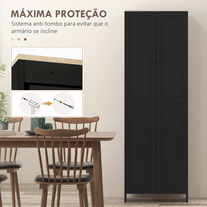 HOMCOM Armário de Cozinha Armário de Armazenamento Cozinha com 4 Portas e Prateleiras Ajustáveis Anti-Tombo 60x30x170,5 cm Preto