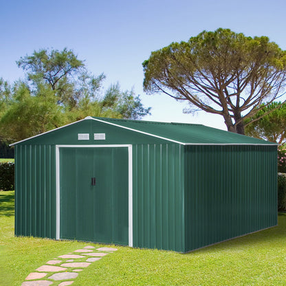 Outsunny Abrigo de Jardim Metálico 340x386x200cm Abrigo de Exterior para Armazenamento de Ferramentas com Base Incluida 4 Janelas de Ventilação e Porta Corredeira Verde