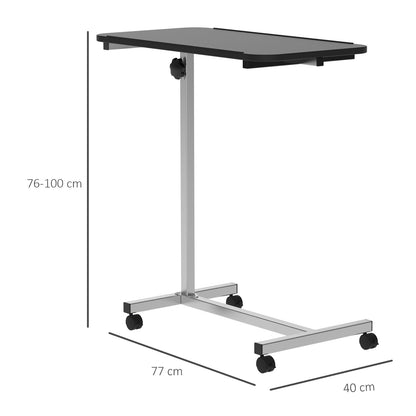 HOMCOM Mesa Auxiliar com Rodas Mesa para Sofá ou Cama com Altura Ajustável e Estrutura de Metal Carga 20 kg para Quarto Sala Escritório 77x40x76-100 cm Preto e Prata