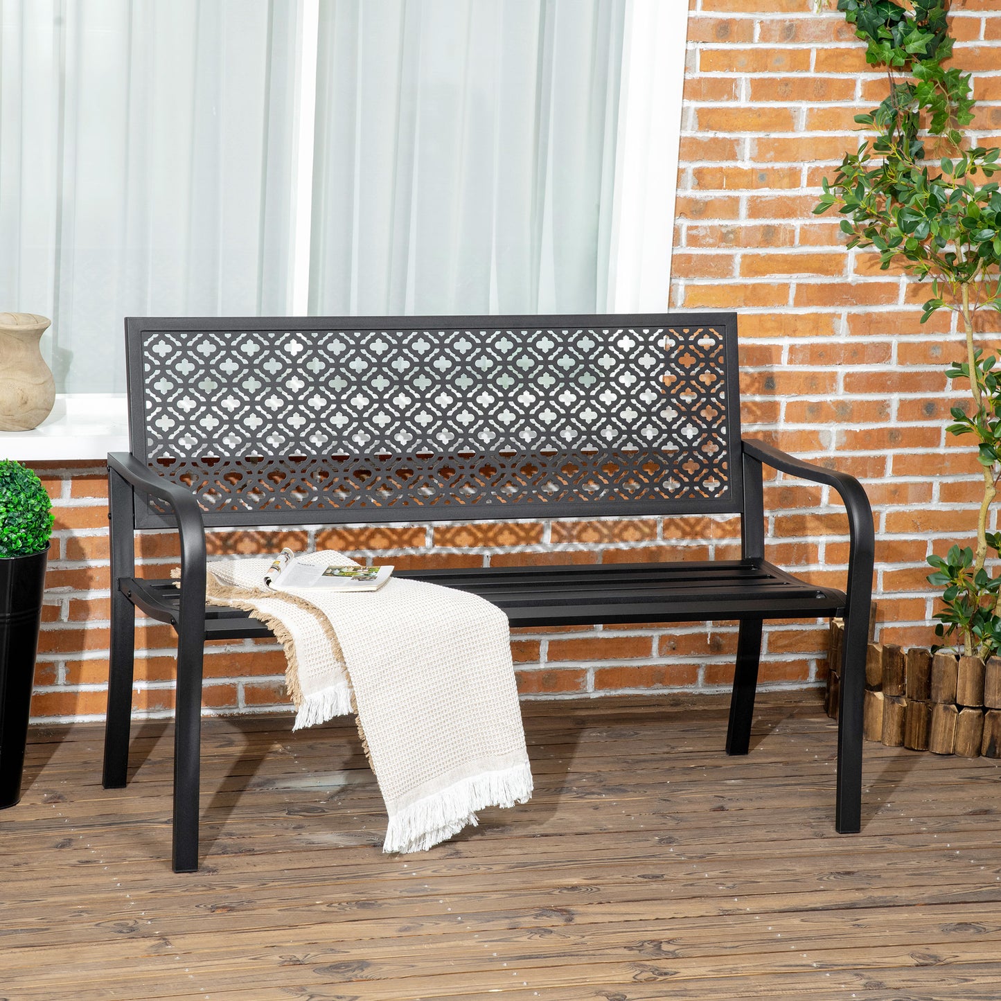 Outsunny Banco de Jardim de Aço Banco de Exterior de 2 Lugares com Encosto Decorativo para Terraço Varanda Pátio Carga Máxima 240kg 127x63x83cm Preto