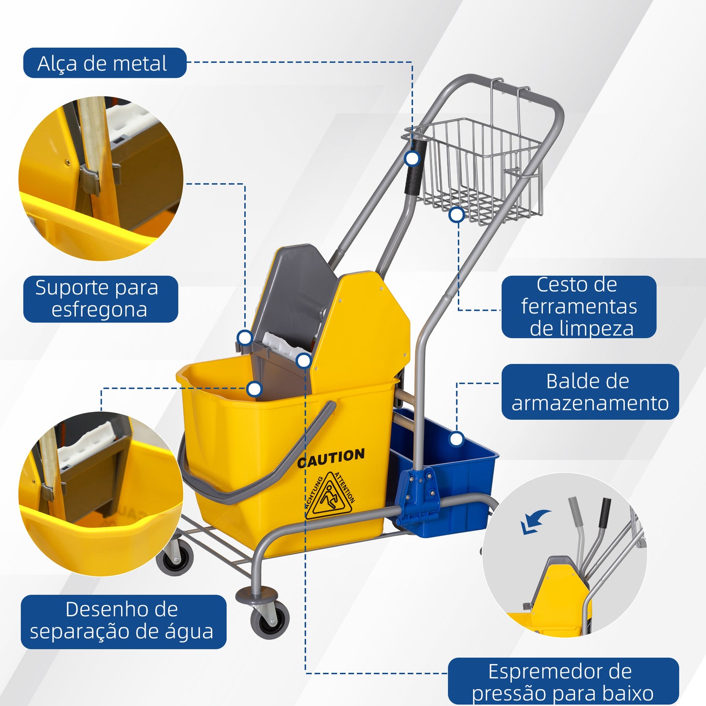 HOMCOM Carro de Limpeza Profissional Balde de Esfregona com Rodas Balde Removível de 25 Litros Espremedor de Pressão Cesto e Cubeta 72x49,5x95 cm Amarelo