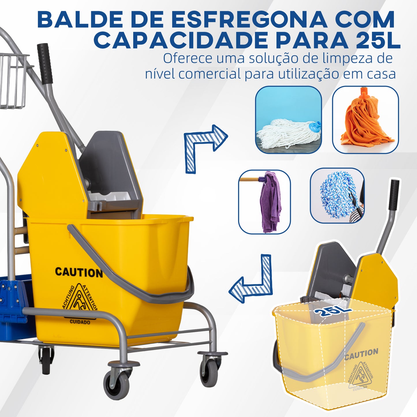 HOMCOM Carro de Limpeza Profissional Balde de Esfregona com Rodas Balde Removível de 25 Litros Espremedor de Pressão Cesto e Cubeta 72x49,5x95 cm Amarelo