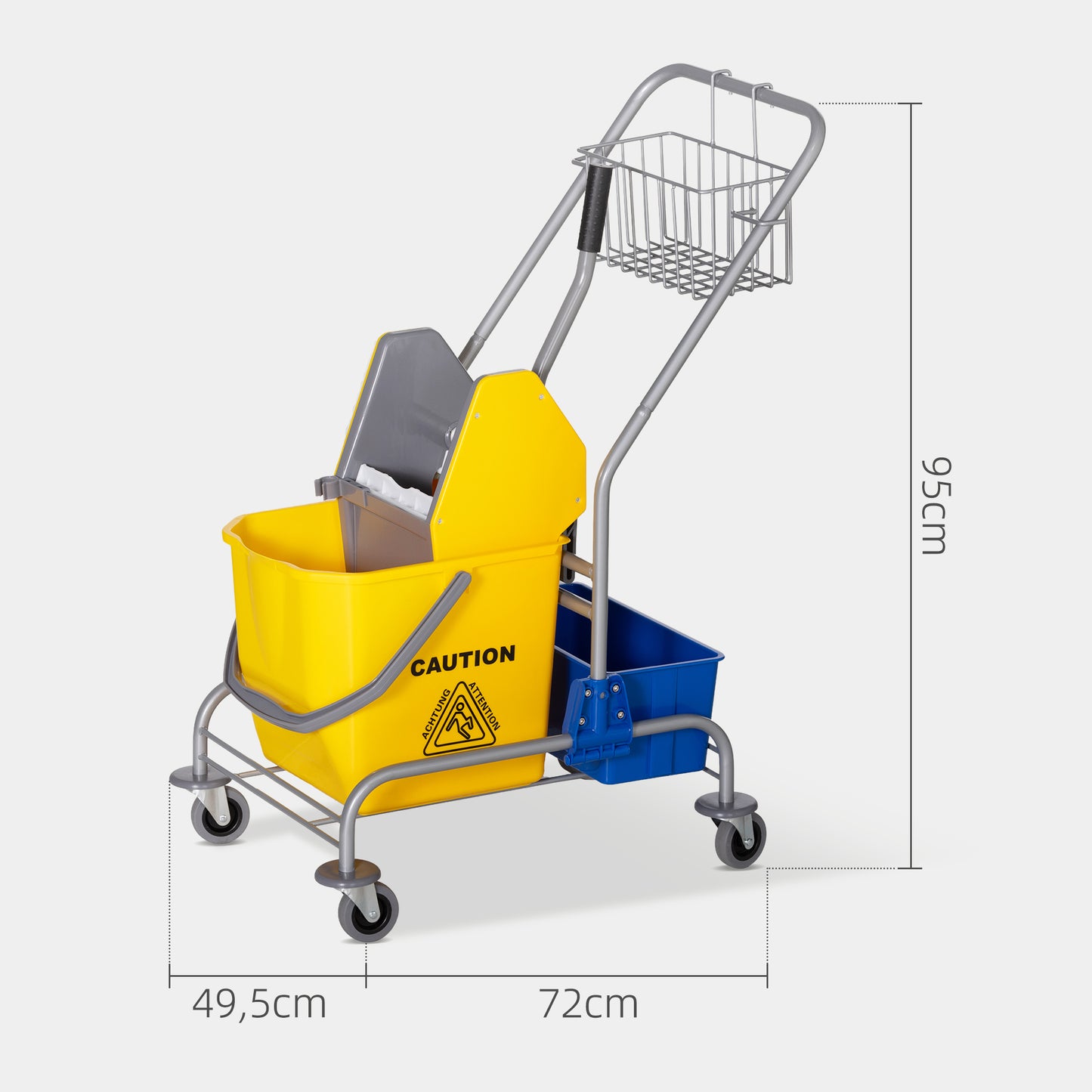 HOMCOM Carro de Limpeza Profissional Balde de Esfregona com Rodas Balde Removível de 25 Litros Espremedor de Pressão Cesto e Cubeta 72x49,5x95 cm Amarelo