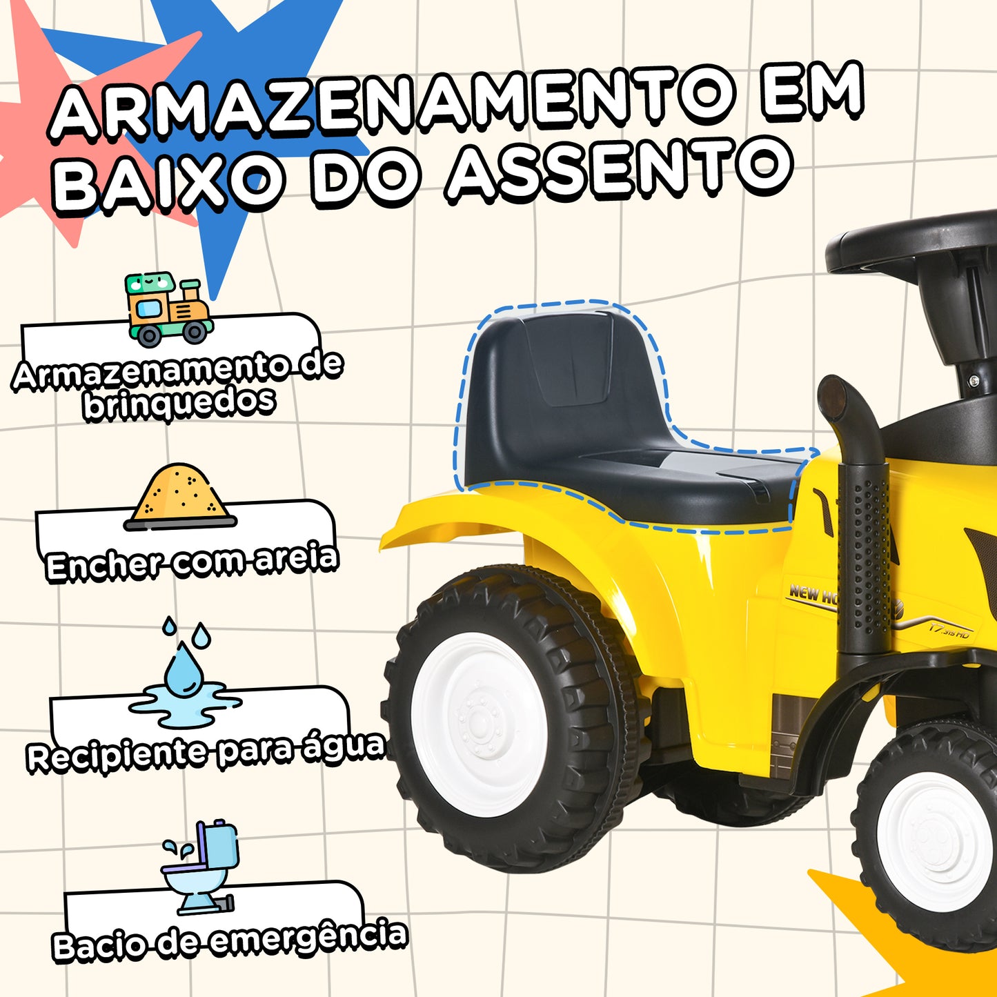 HOMCOM Trator para Crianças de 12-36 Meses com Reboque Removível Carro Andador com Buzina Farol Pá e Ancinho Carga 25kg 91x29x44cm Amarelo