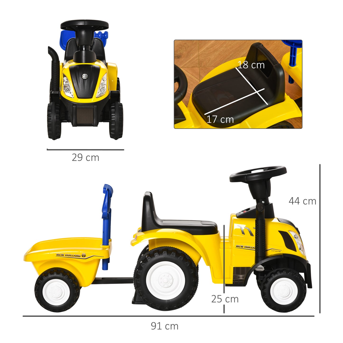 HOMCOM Trator para Crianças de 12-36 Meses com Reboque Removível Carro Andador com Buzina Farol Pá e Ancinho Carga 25kg 91x29x44cm Amarelo