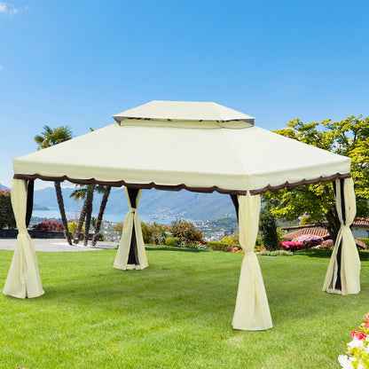 Outsunny Pérgola de Jardim 4x3m Pérgola de Alumínio com Teto com Ventilação 4 Cortinas Laterais 4 Telas Mosquiteiras e 8 Orifícios de Drenagem para festas Eventos Exterior Creme