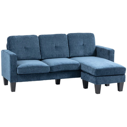 Sofá Chaise Longue Sofá em Forma de L Estofado em Poliéster Sofá de Canto Reversível com 3 Almofadas e Pés de Madeira para Sala de Estar Carga Máxima 180 kg 186x130x84 cm Azul