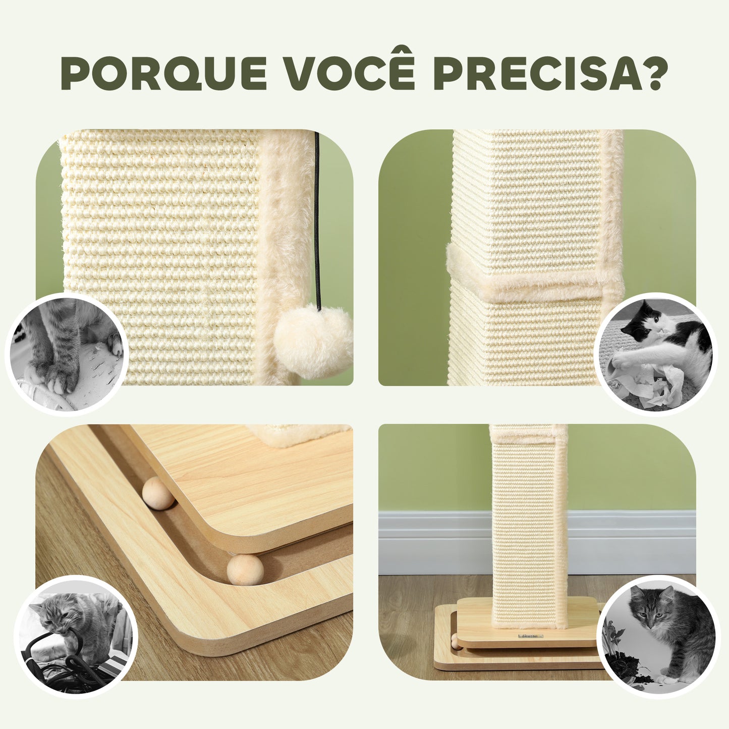 PawHut Poste Arranhador para Gatos 87 cm Arranhador para Gatos com Bola Suspensa Trilho com Bola e Poste de Sisal Bege e Madeira