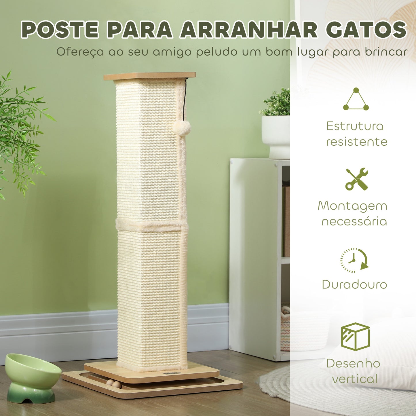 PawHut Poste Arranhador para Gatos 87 cm Arranhador para Gatos com Bola Suspensa Trilho com Bola e Poste de Sisal Bege e Madeira