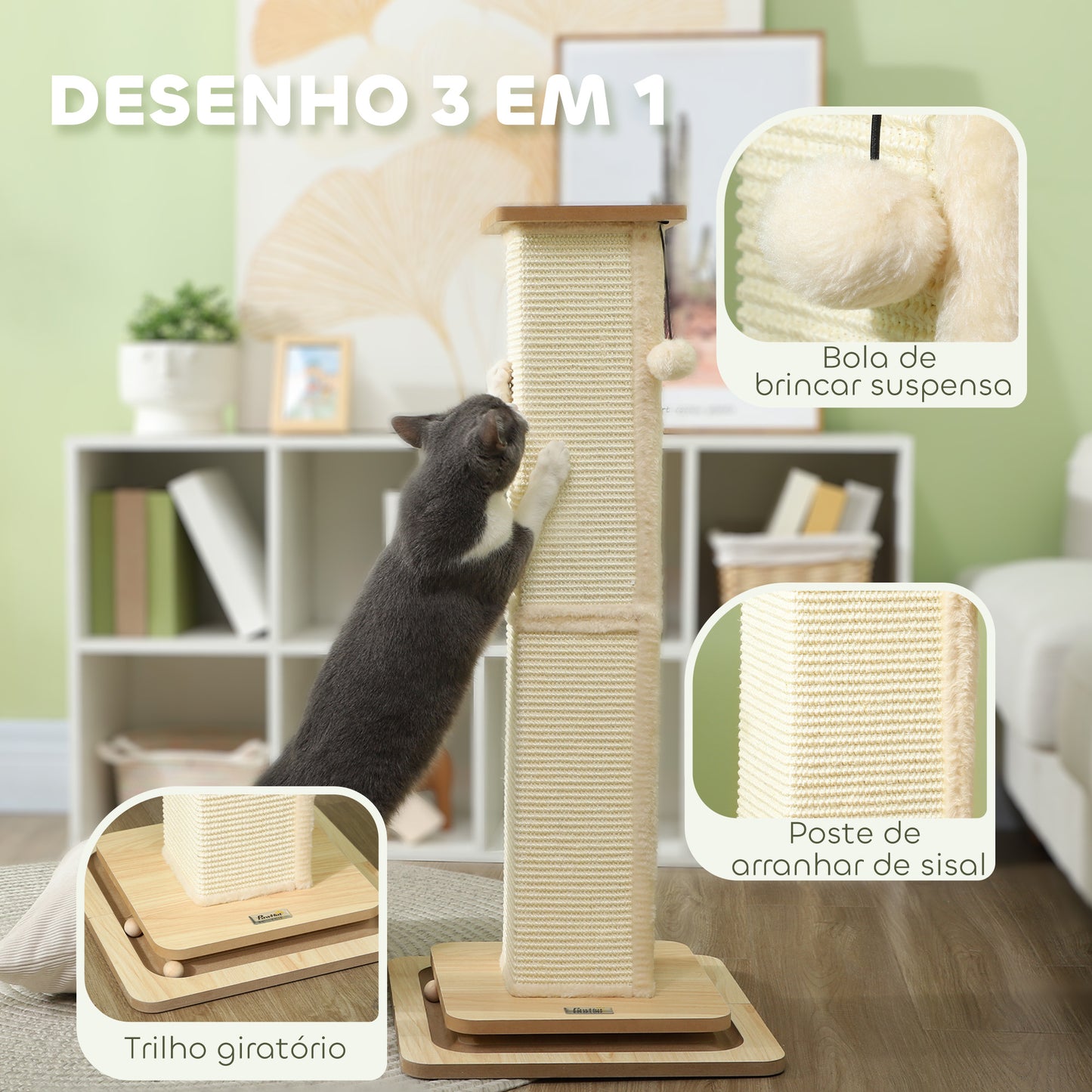 PawHut Poste Arranhador para Gatos 87 cm Arranhador para Gatos com Bola Suspensa Trilho com Bola e Poste de Sisal Bege e Madeira