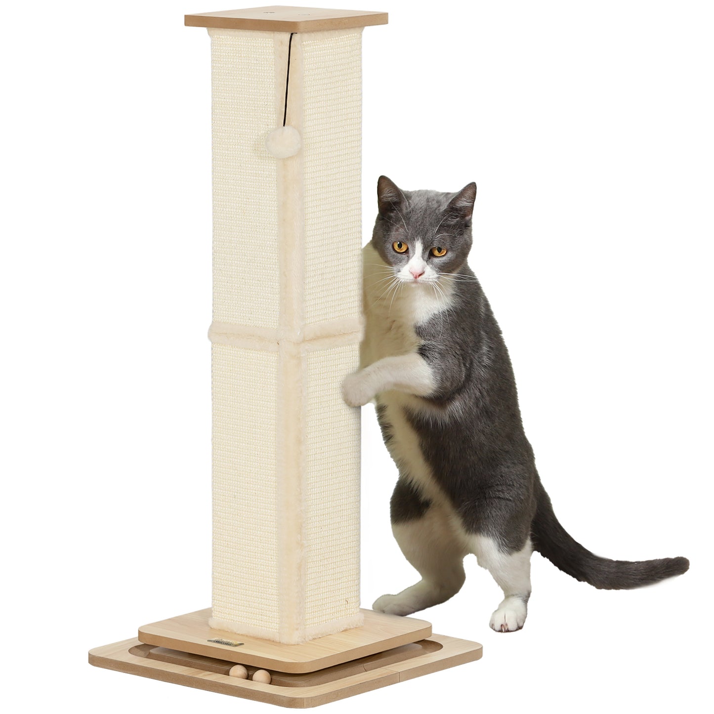 PawHut Poste Arranhador para Gatos 87 cm Arranhador para Gatos com Bola Suspensa Trilho com Bola e Poste de Sisal Bege e Madeira