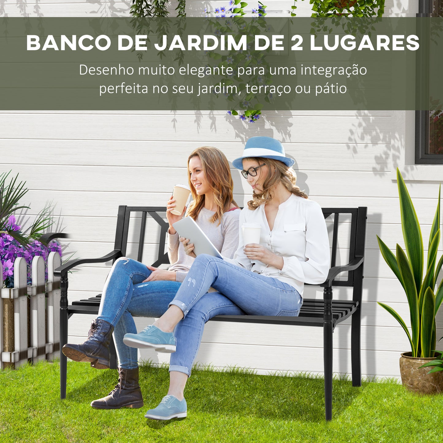 Outsunny Banco de Jardim de 2 Lugares Banco de Exterior de Aço com Apoio para os Braços e Encosto Decorativo para Terraço Varanda Pátio Carga 280kg 128x62,5x81,5cm Preto