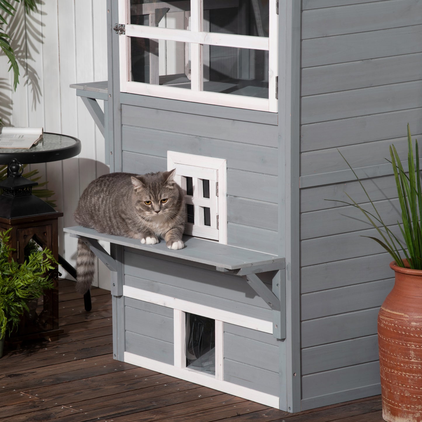 PawHut Casa para Gatos de Madeira Exterior Casa Grande para Gatos de 3 Andares com Múltiplas Entradas Janelas e 2 Plataformas para Terraço Balcão Jardim 98x68,5x122cm Cinza