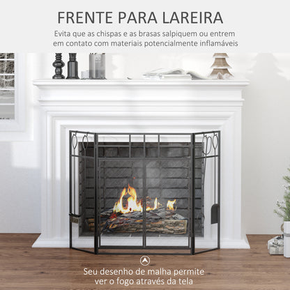 HOMCOM Frente para Lareira Dobrável Proteção para Lareira de 3 Painéis com Dupla Porta 4 Ferramentas e Gancho Estrutura de Metal 122x2x79cm Preto