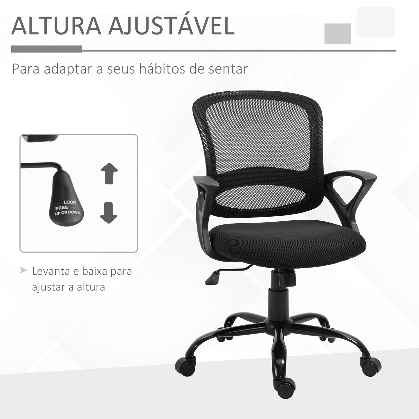 Vinsetto Cadeira de Oficina Ergonômica Cadeira de Escritório Basculante com Altura Ajustável Assento Giratório 360° Suporte e Lombar Malha Transpirável 61x61x89-99cm Preto