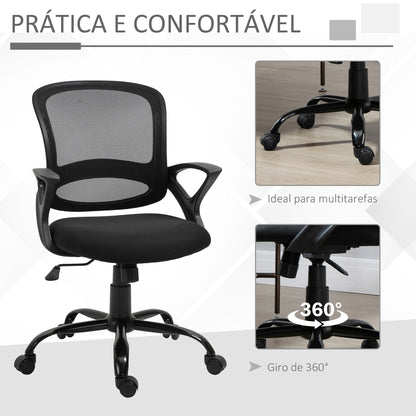 Vinsetto Cadeira de Oficina Ergonômica Cadeira de Escritório Basculante com Altura Ajustável Assento Giratório 360° Suporte e Lombar Malha Transpirável 61x61x89-99cm Preto