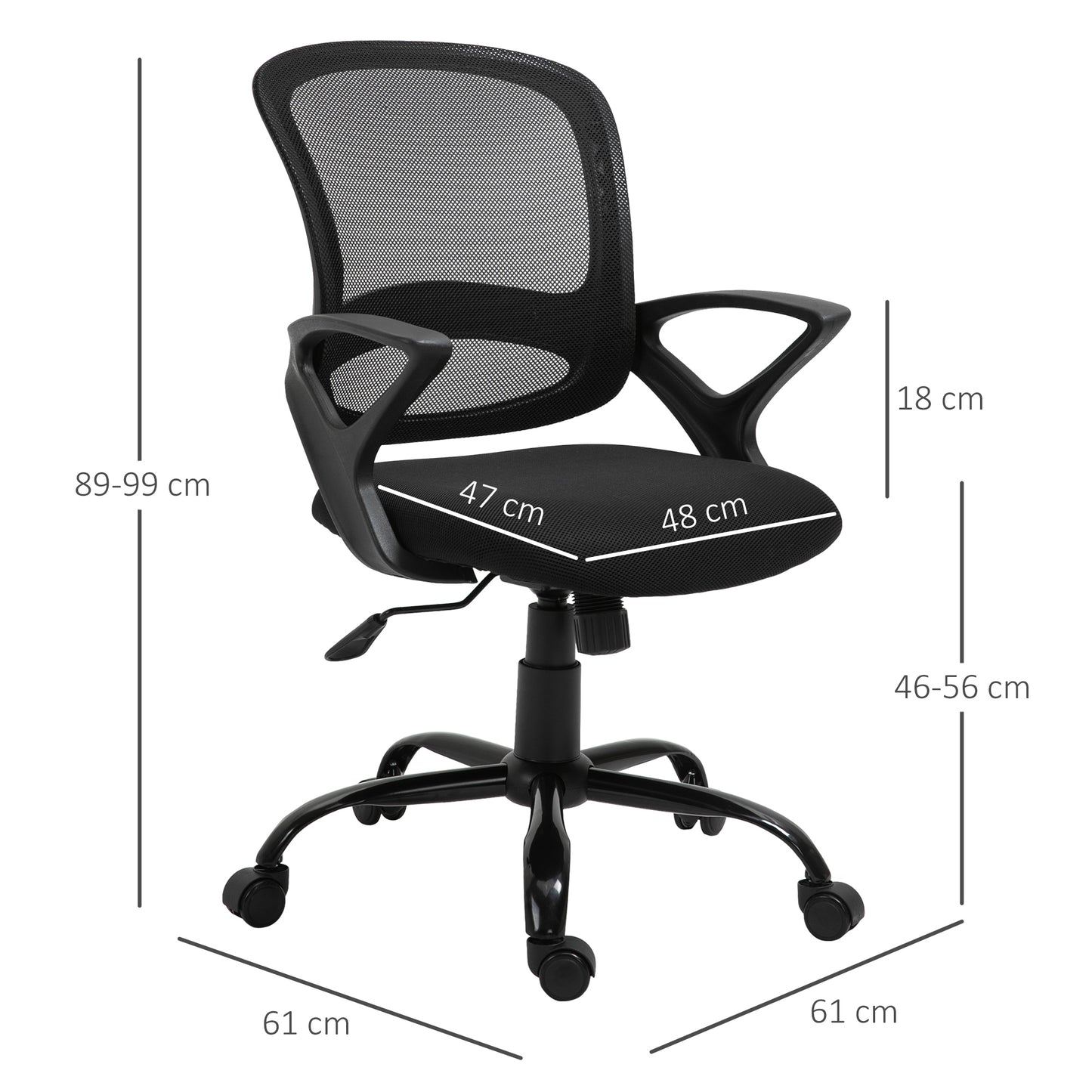 Vinsetto Cadeira de Oficina Ergonômica Cadeira de Escritório Basculante com Altura Ajustável Assento Giratório 360° Suporte e Lombar Malha Transpirável 61x61x89-99cm Preto