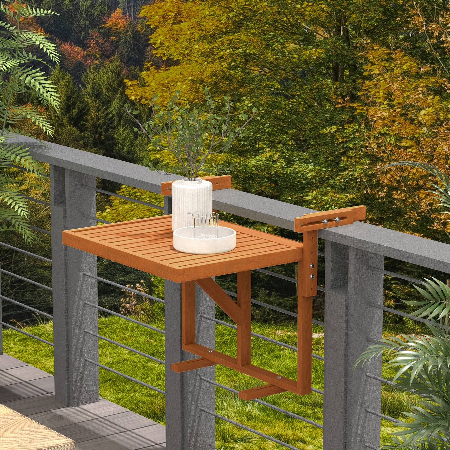 Outsunny Mesa Suspensa para Varanda Mesa de Varanda Dobrável em Madeira com Altura Ajustável em 4 Níveis Capacidade 20 kg para Terraço 68x65x40,5-55 cm Natural