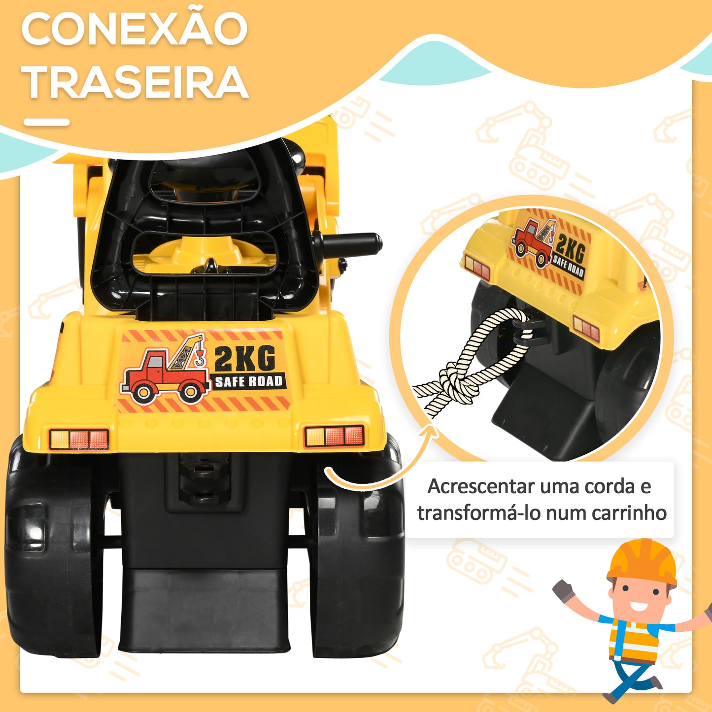 HOMCOM Carro Andador para Crianças acima de 3 Anos Escavadora Infantil com Pá Móvel Assento com Armazenamento Oculto e Buzina Carga Máxima 30kg 83x27x39cm Amarelo