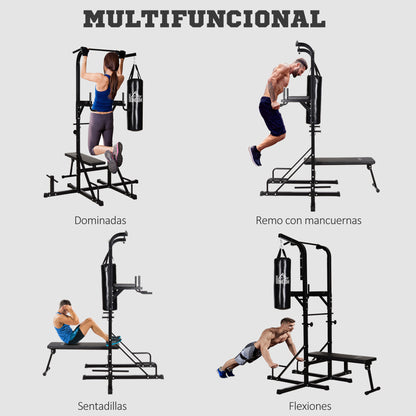 HOMCOM Estação de Musculação Dip com Banco de Pesos Reclinável Saco de Boxe e Barra de Elevação Torre de Treinamento Fitness 180x183x219cm Preto