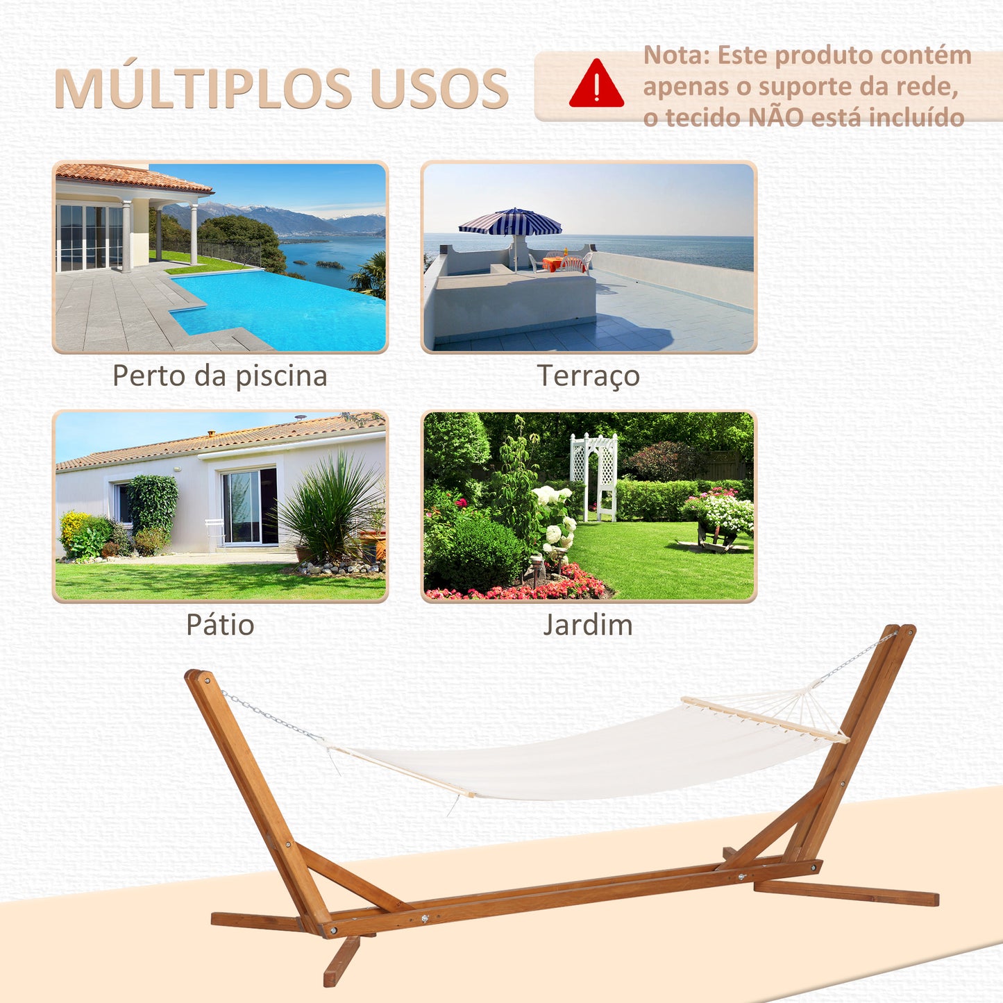 Outsunny Suporte para Cama de Rede de Madeira Dobrável Ajustável em 3 Níveis Estrutura para Cama de Rede 217-380cm de Comprimento Carga Máxima 150kg Jardim Terraço 388x152x89cm Madeira