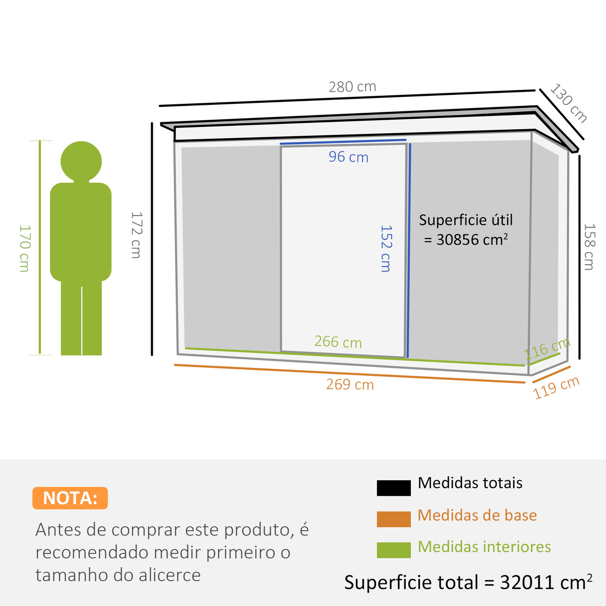 Abrigo de Jardim Metálico – 280x130x172 cm – Com Porta de Correr, Ventilações e Estrutura Resistente – Cinza Escuro