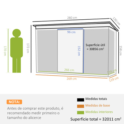 Outsunny Abrigo de Jardim 280x130x172cm Abrigo de Exterior de Aço Galvanizado com Porta Corredeira e Ventilações para Armazenamento de Ferramentas Cinza Escuro