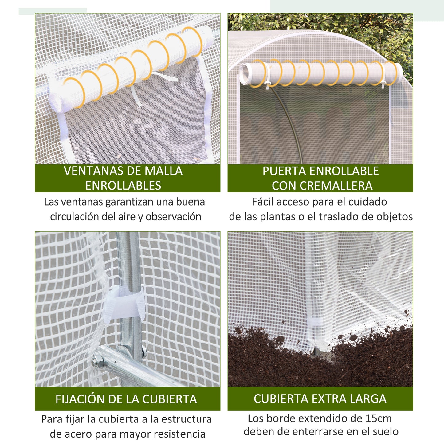 Outsunny Estufa Tipo Túnel 400x200x200cm Estufa de Jardim com Portas Enroláveis e 6 Janelas Cobertura de PE 140 g/m² Estrutura de Metal para Cultivo de Plantas Verduras Branco